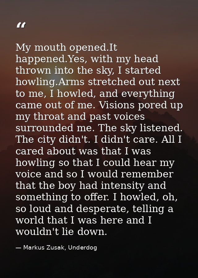 My mouth opened.It happened.Yes, with my head thrown into the sky, I started howling.Arms stretched out next to me, I ho — Markus Zusak, Underdog
