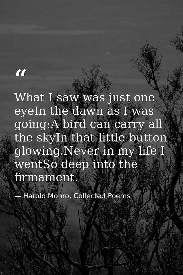 What I saw was just one eyeIn the dawn as I was going:A bird can carry all the skyIn that little button glowing.Never in — Harold Monro, Collected Poems