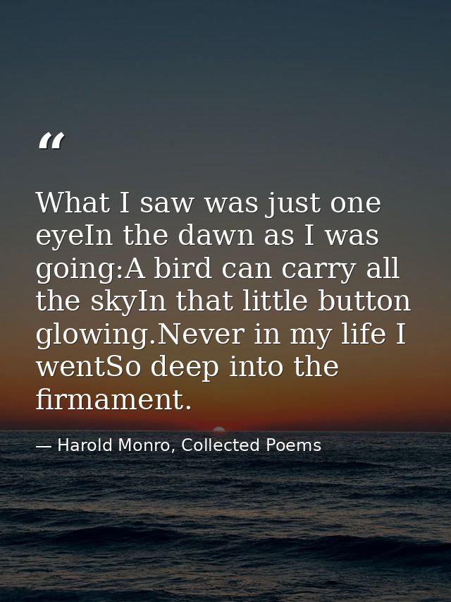 What I saw was just one eyeIn the dawn as I was going:A bird can carry all the skyIn that little button glowing.Never in — Harold Monro, Collected Poems