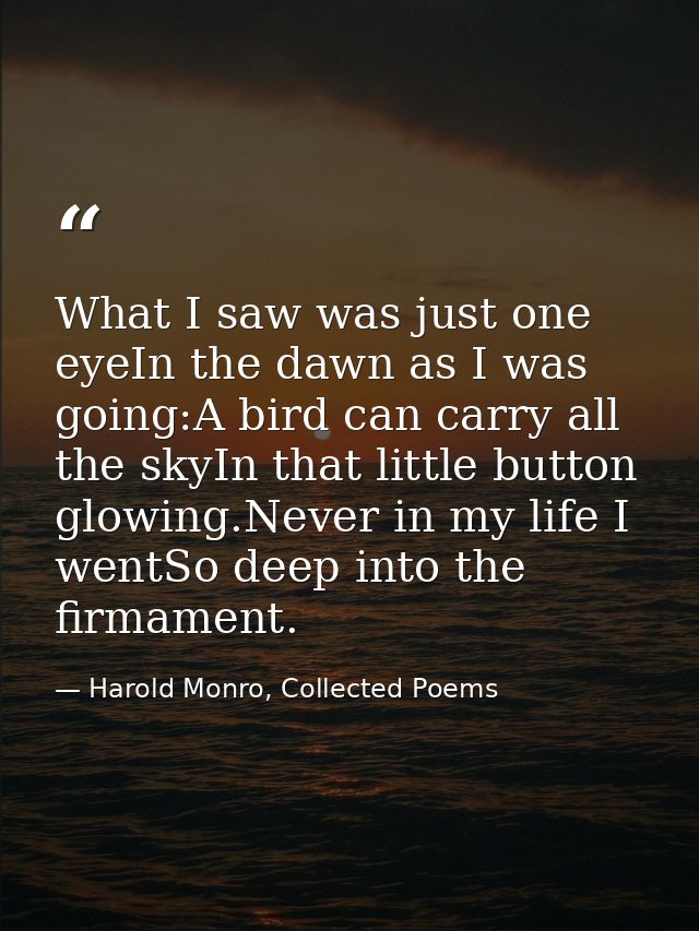 What I saw was just one eyeIn the dawn as I was going:A bird can carry all the skyIn that little button glowing.Never in — Harold Monro, Collected Poems