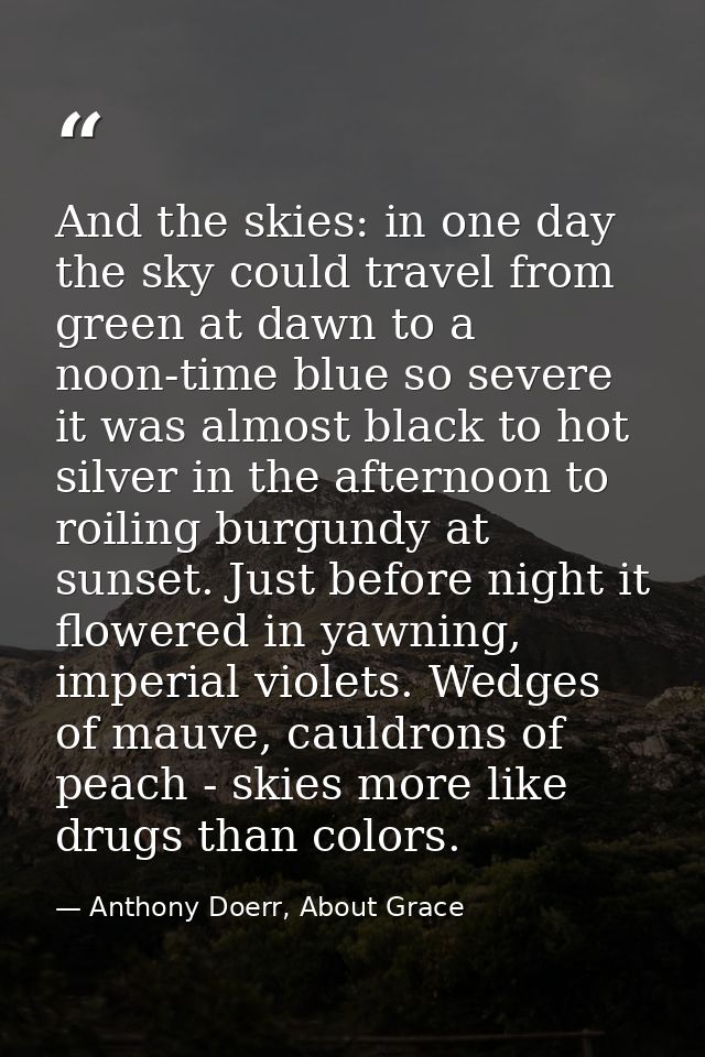 And the skies: in one day the sky could travel from green at dawn to a noon-time blue so severe it was almost black to h — Anthony Doerr, About Grace