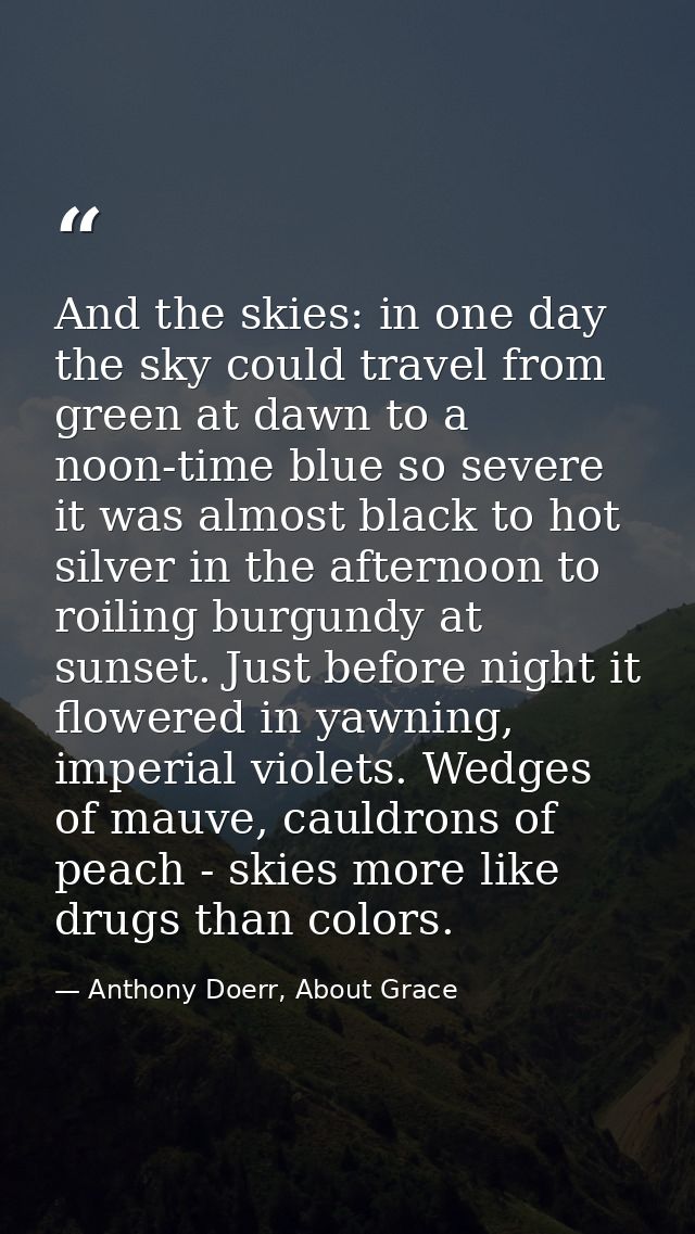 And the skies: in one day the sky could travel from green at dawn to a noon-time blue so severe it was almost black to h — Anthony Doerr, About Grace