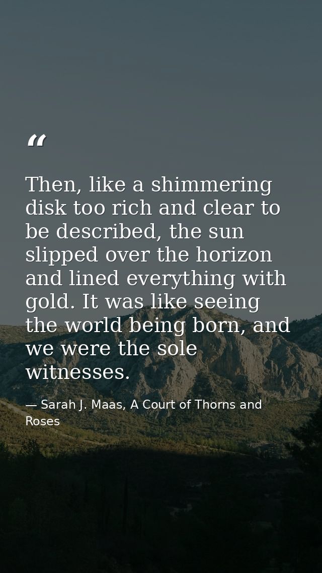 Then, like a shimmering disk too rich and clear to be described, the sun slipped over the horizon and lined everything w — Sarah J. Maas, A Court of Thorns and Roses