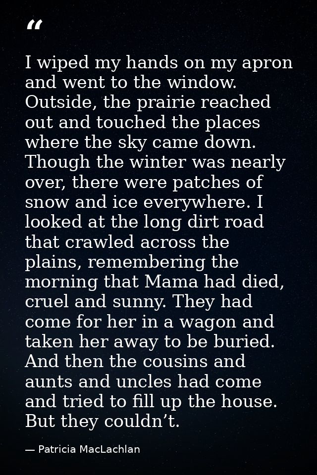 I wiped my hands on my apron and went to the window. Outside, the prairie reached out and touched the places where the s — Patricia MacLachlan