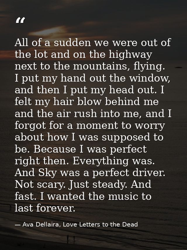 All of a sudden we were out of the lot and on the highway next to the mountains, flying. I put my hand out the window, a — Ava Dellaira, Love Letters to the Dead
