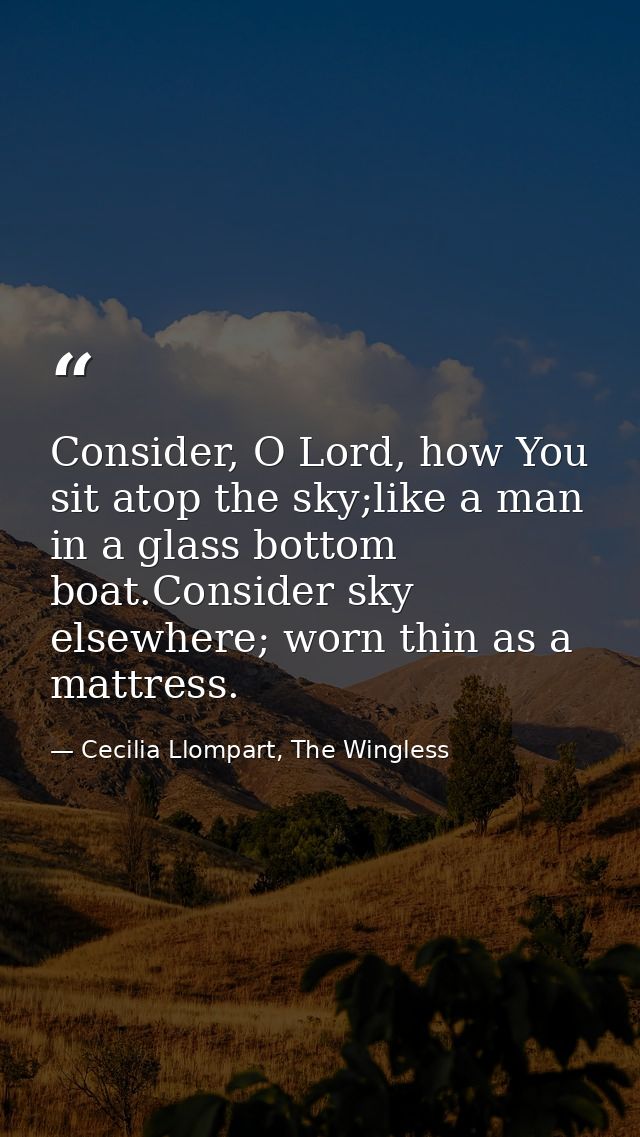Consider, O Lord, how You sit atop the sky;like a man in a glass bottom boat.Consider sky elsewhere; worn thin as a matt — Cecilia Llompart, The Wingless