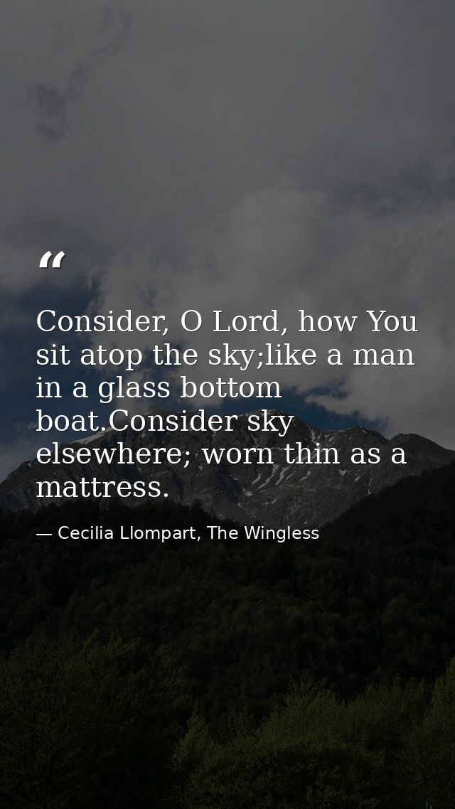 Consider, O Lord, how You sit atop the sky;like a man in a glass bottom boat.Consider sky elsewhere; worn thin as a matt — Cecilia Llompart, The Wingless