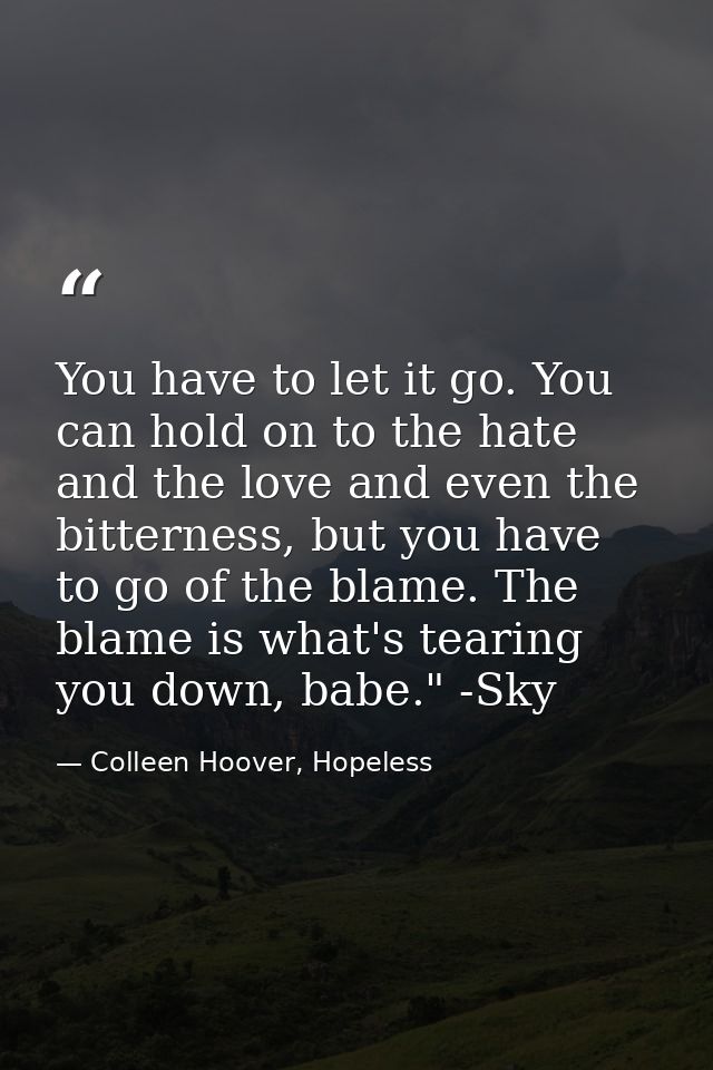 You have to let it go. You can hold on to the hate and the love and even the bitterness, but you have to go of the blame — Colleen Hoover, Hopeless