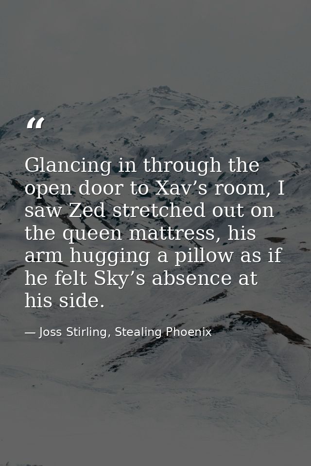 Glancing in through the open door to Xav’s room, I saw Zed stretched out on the queen mattress, his arm hugging a pillow — Joss Stirling, Stealing Phoenix