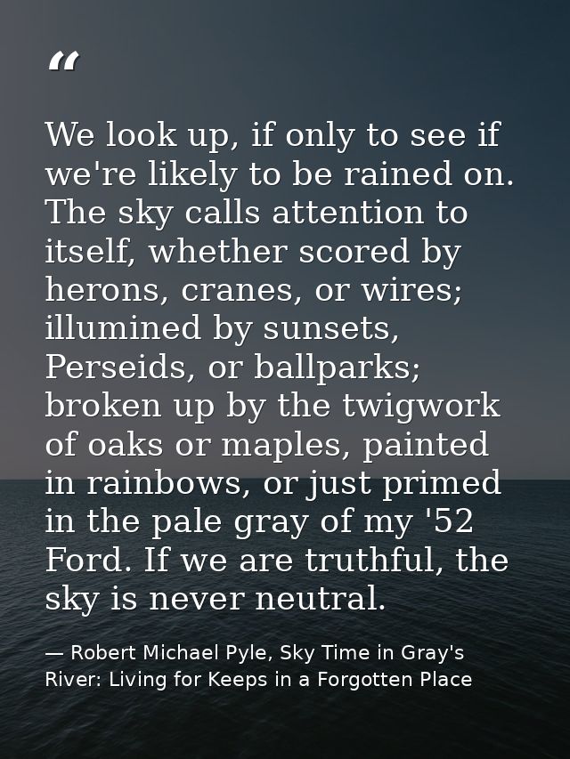 We look up, if only to see if we're likely to be rained on. The sky calls attention to itself, whether scored by herons, — Robert Michael Pyle, Sky Time in Gray's River: Living for Keeps in a Forgotten Place
