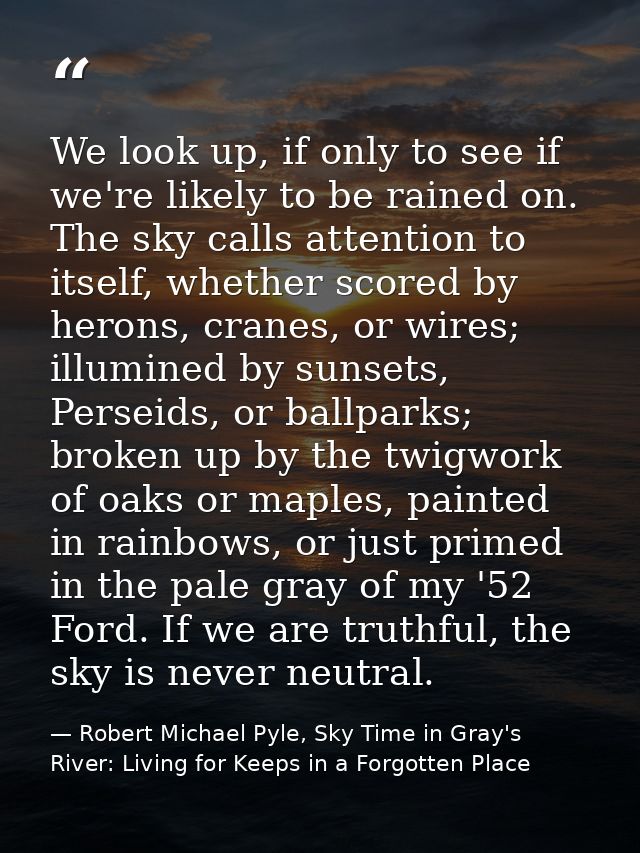 We look up, if only to see if we're likely to be rained on. The sky calls attention to itself, whether scored by herons, — Robert Michael Pyle, Sky Time in Gray's River: Living for Keeps in a Forgotten Place