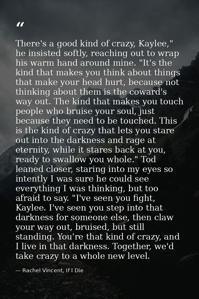 There's a good kind of crazy, Kaylee," he insisted softly, reaching out to wrap his warm hand around mine. "It's the kin — Rachel Vincent, If I Die