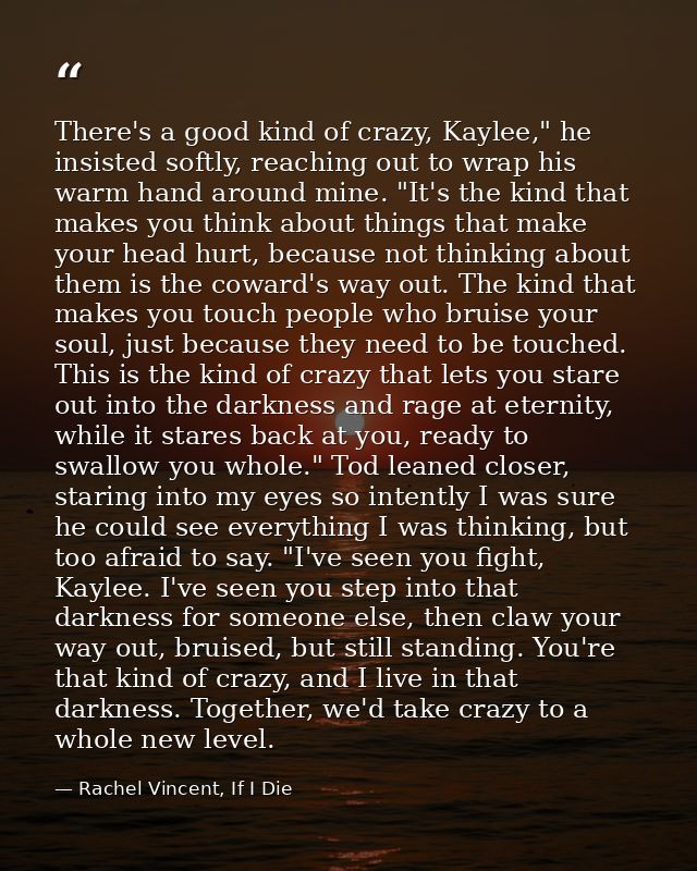 There's a good kind of crazy, Kaylee," he insisted softly, reaching out to wrap his warm hand around mine. "It's the kin — Rachel Vincent, If I Die