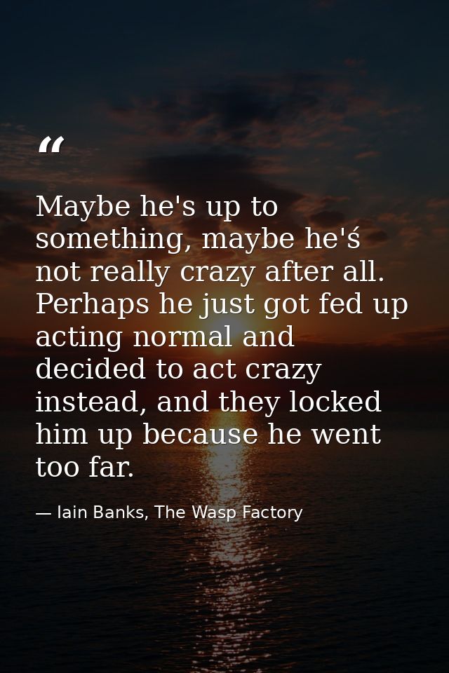 Maybe he's up to something, maybe he'ś not really crazy after all. Perhaps he just got fed up acting normal and decided  — Iain Banks, The Wasp Factory