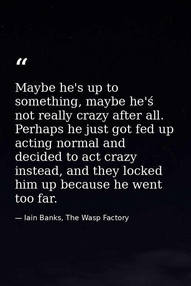 Maybe he's up to something, maybe he'ś not really crazy after all. Perhaps he just got fed up acting normal and decided  — Iain Banks, The Wasp Factory