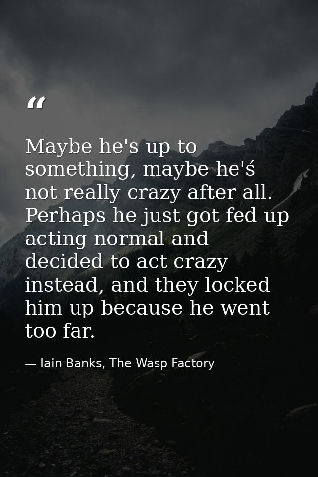 Maybe he's up to something, maybe he'ś not really crazy after all. Perhaps he just got fed up acting normal and decided  — Iain Banks, The Wasp Factory