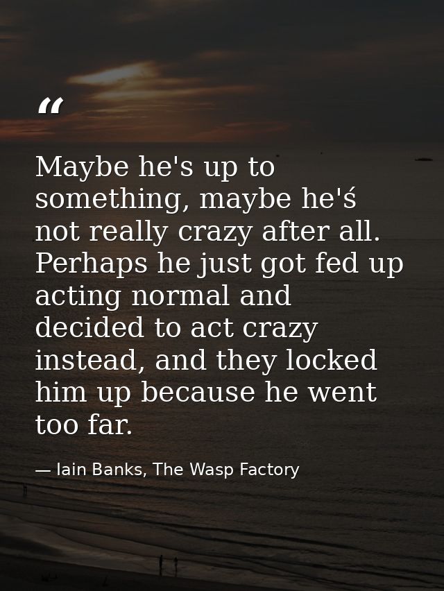 Maybe he's up to something, maybe he'ś not really crazy after all. Perhaps he just got fed up acting normal and decided  — Iain Banks, The Wasp Factory