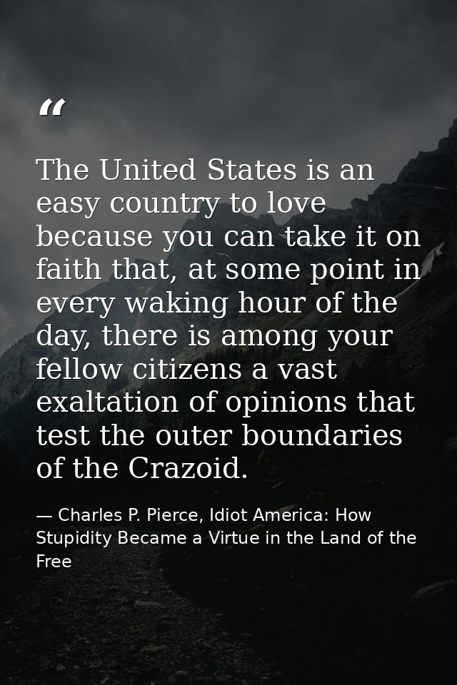 The United States is an easy country to love because you can take it on faith that, at some point in every waking hour o — Charles P. Pierce, Idiot America: How Stupidity Became a Virtue in the Land of the Free