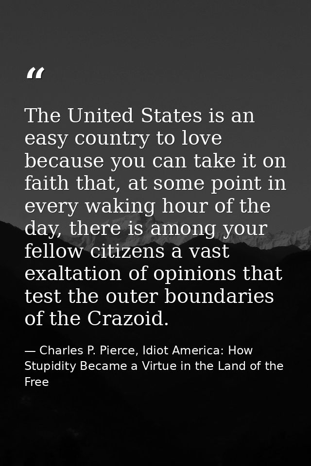 The United States is an easy country to love because you can take it on faith that, at some point in every waking hour o — Charles P. Pierce, Idiot America: How Stupidity Became a Virtue in the Land of the Free