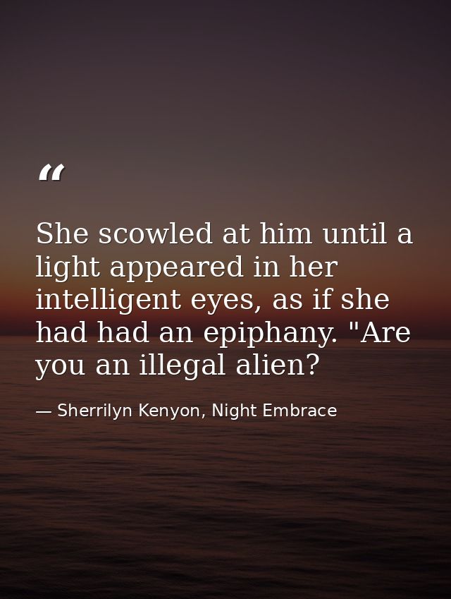 She scowled at him until a light appeared in her intelligent eyes, as if she had had an epiphany. "Are you an illegal al — Sherrilyn Kenyon, Night Embrace