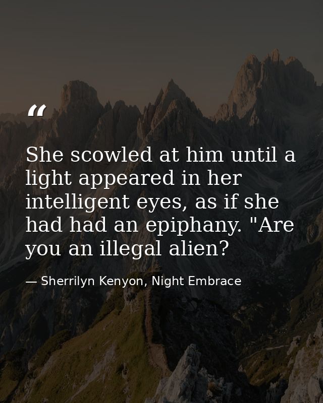 She scowled at him until a light appeared in her intelligent eyes, as if she had had an epiphany. "Are you an illegal al — Sherrilyn Kenyon, Night Embrace