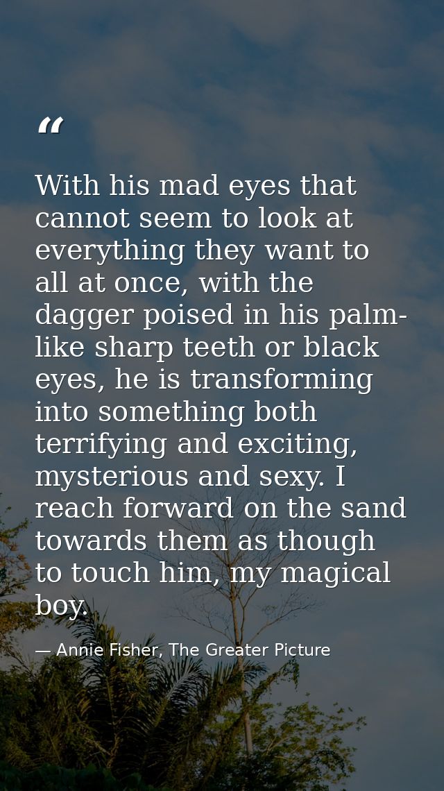 With his mad eyes that cannot seem to look at everything they want to all at once, with the dagger poised in his palm- l — Annie Fisher, The Greater Picture