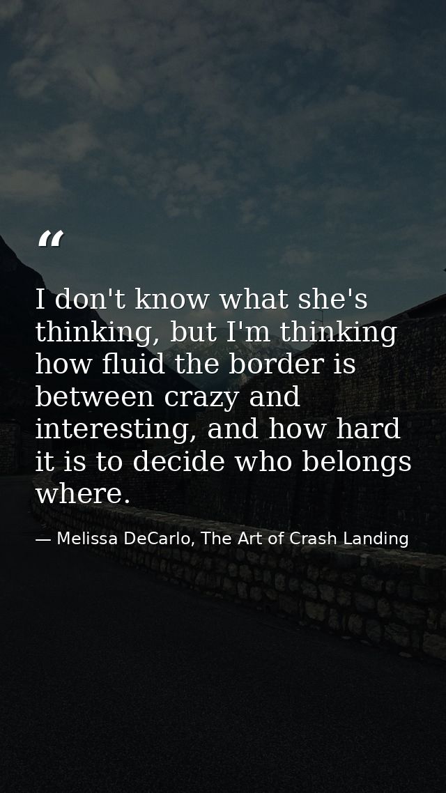 I don't know what she's thinking, but I'm thinking how fluid the border is between crazy and interesting, and how hard i — Melissa DeCarlo, The Art of Crash Landing