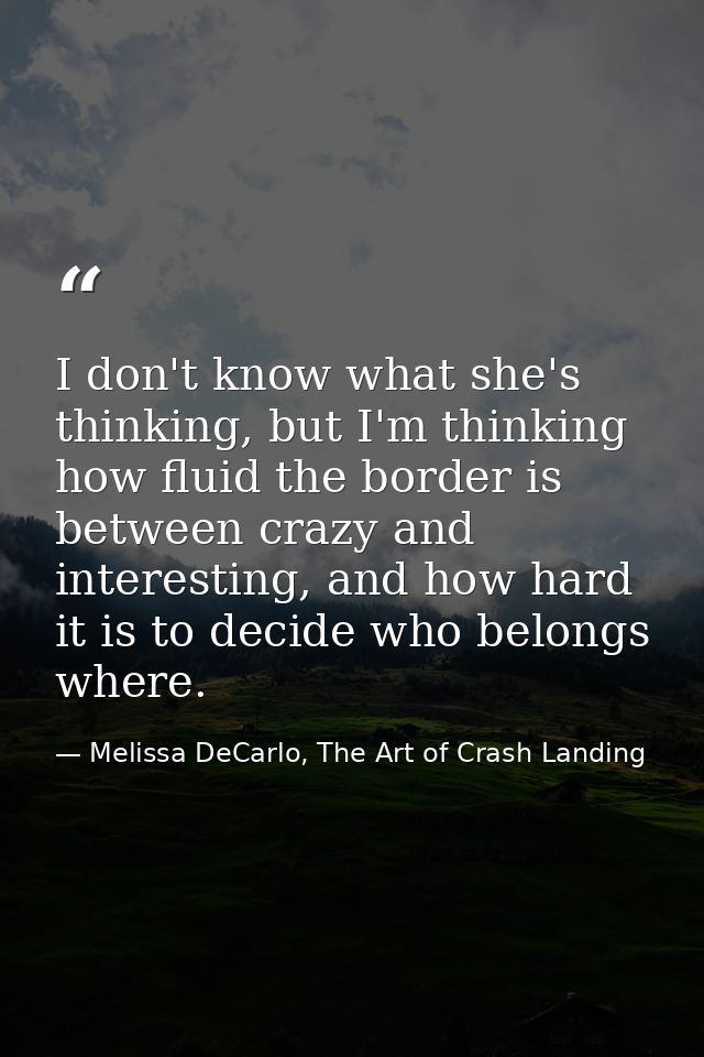 I don't know what she's thinking, but I'm thinking how fluid the border is between crazy and interesting, and how hard i — Melissa DeCarlo, The Art of Crash Landing