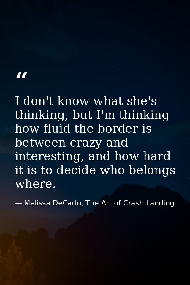 I don't know what she's thinking, but I'm thinking how fluid the border is between crazy and interesting, and how hard i — Melissa DeCarlo, The Art of Crash Landing