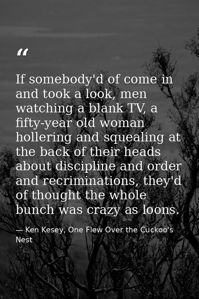 If somebody'd of come in and took a look, men watching a blank TV, a fifty-year old woman hollering and squealing at the — Ken Kesey, One Flew Over the Cuckoo's Nest