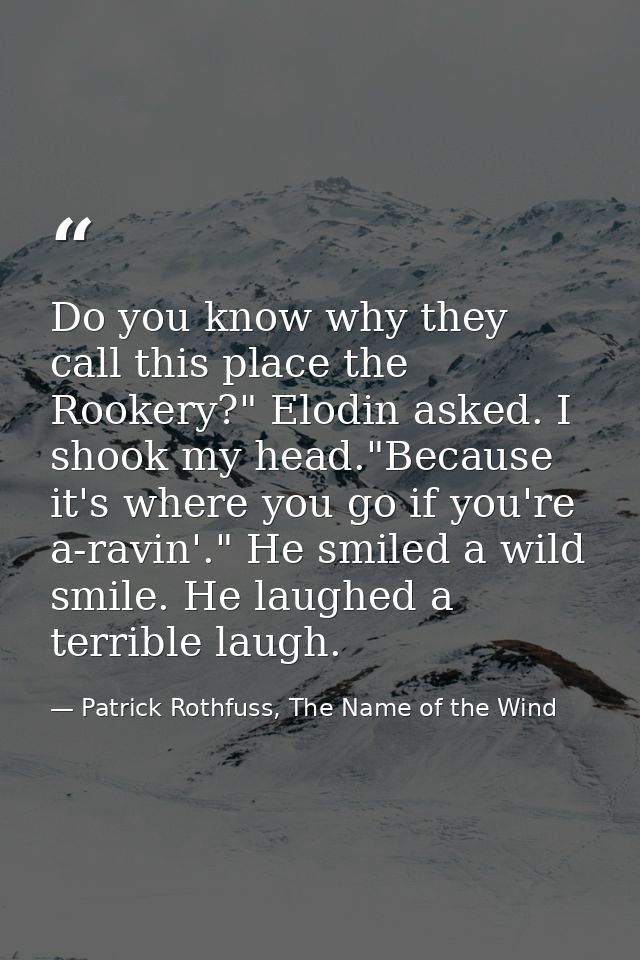 Do you know why they call this place the Rookery?" Elodin asked. I shook my head."Because it's where you go if you're a- — Patrick Rothfuss, The Name of the Wind