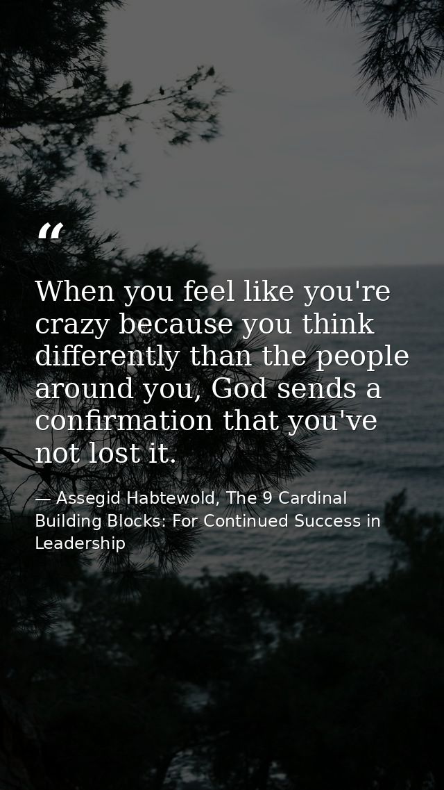 When you feel like you're crazy because you think differently than the people around you, God sends a confirmation that  — Assegid Habtewold, The 9 Cardinal Building Blocks: For Continued Success in Leadership