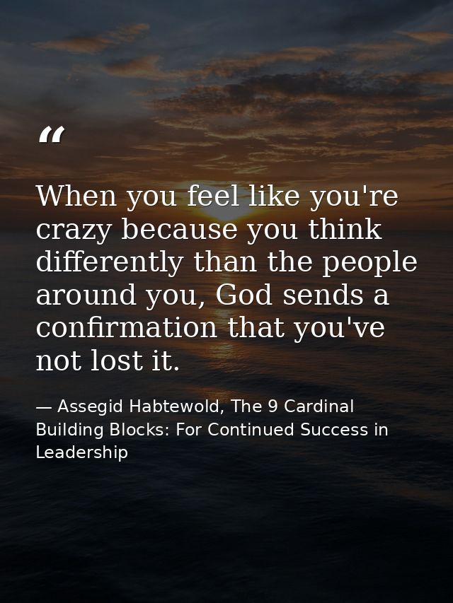 When you feel like you're crazy because you think differently than the people around you, God sends a confirmation that  — Assegid Habtewold, The 9 Cardinal Building Blocks: For Continued Success in Leadership