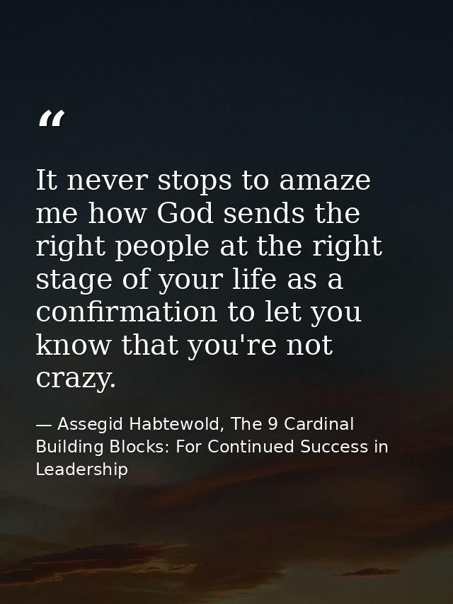 It never stops to amaze me how God sends the right people at the right stage of your life as a confirmation to let you k — Assegid Habtewold, The 9 Cardinal Building Blocks: For Continued Success in Leadership