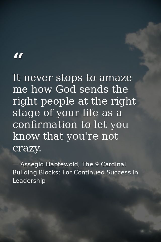 It never stops to amaze me how God sends the right people at the right stage of your life as a confirmation to let you k — Assegid Habtewold, The 9 Cardinal Building Blocks: For Continued Success in Leadership