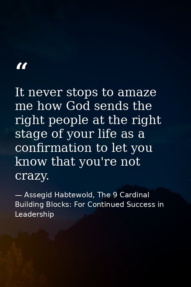 It never stops to amaze me how God sends the right people at the right stage of your life as a confirmation to let you k — Assegid Habtewold, The 9 Cardinal Building Blocks: For Continued Success in Leadership