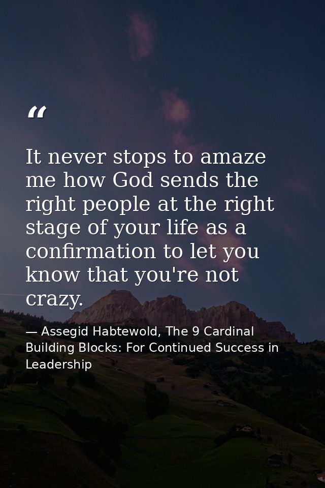 It never stops to amaze me how God sends the right people at the right stage of your life as a confirmation to let you k — Assegid Habtewold, The 9 Cardinal Building Blocks: For Continued Success in Leadership