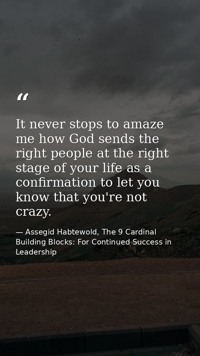 It never stops to amaze me how God sends the right people at the right stage of your life as a confirmation to let you k — Assegid Habtewold, The 9 Cardinal Building Blocks: For Continued Success in Leadership