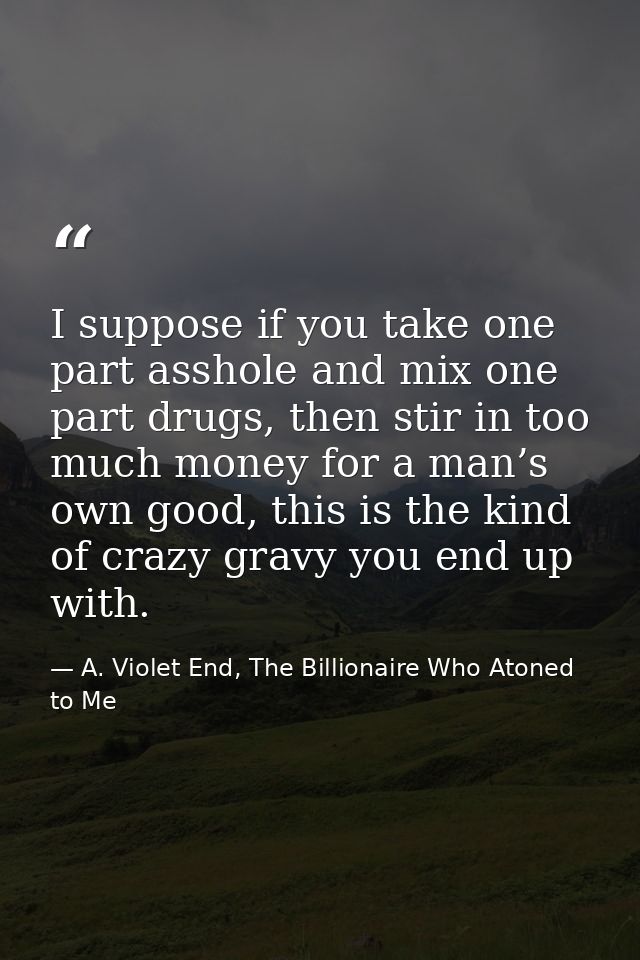 I suppose if you take one part asshole and mix one part drugs, then stir in too much money for a man’s own good, this is — A. Violet End, The Billionaire Who Atoned to Me