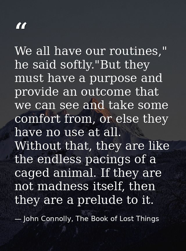 We all have our routines," he said softly."But they must have a purpose and provide an outcome that we can see and take  — John Connolly, The Book of Lost Things