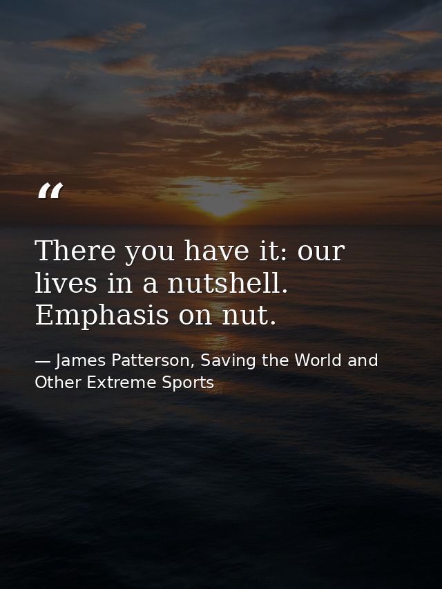 There you have it: our lives in a nutshell. Emphasis on nut. — James Patterson, Saving the World and Other Extreme Sports