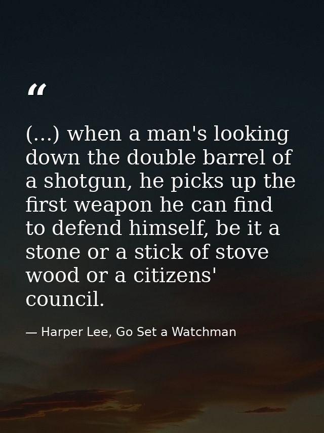 (...) when a man's looking down the double barrel of a shotgun, he picks up the first weapon he can find to defend himse — Harper Lee, Go Set a Watchman