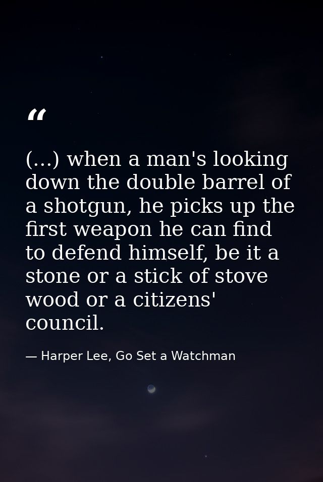 (...) when a man's looking down the double barrel of a shotgun, he picks up the first weapon he can find to defend himse — Harper Lee, Go Set a Watchman