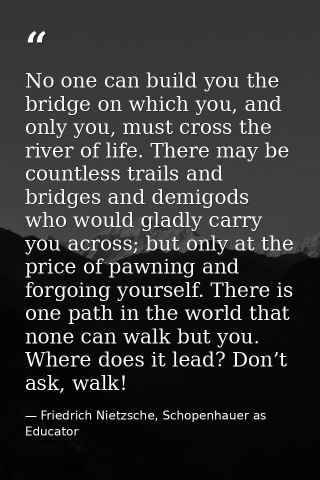 No one can build you the bridge on which you, and only you, must cross the river of life. There may be countless trails  — Friedrich Nietzsche, Schopenhauer as Educator