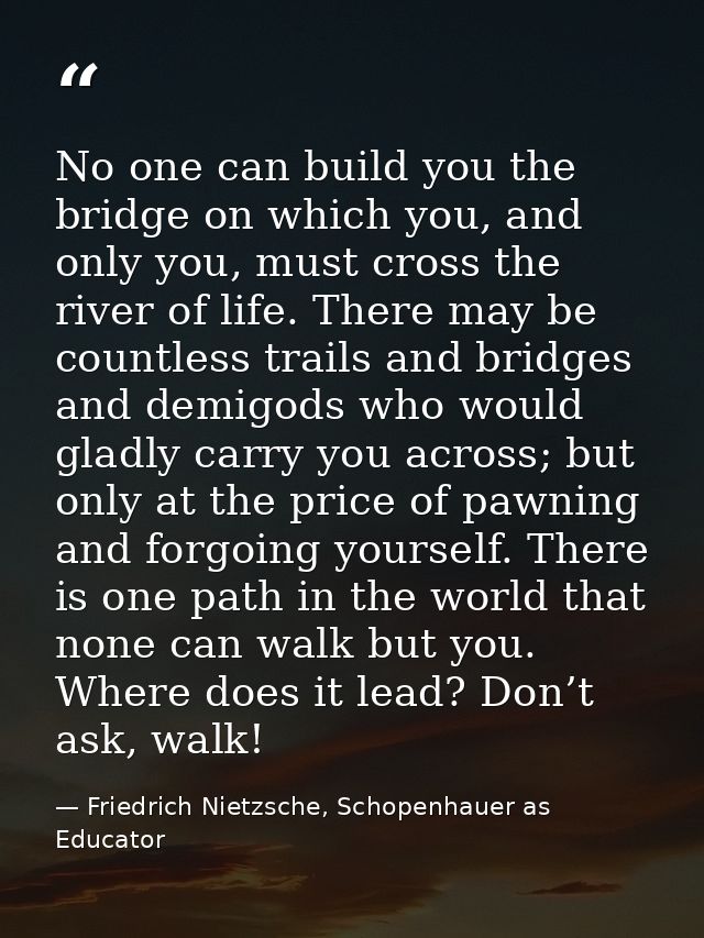No one can build you the bridge on which you, and only you, must cross the river of life. There may be countless trails  — Friedrich Nietzsche, Schopenhauer as Educator