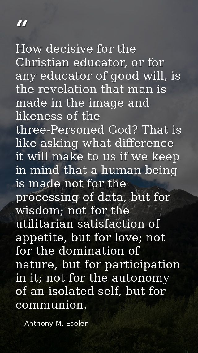 How decisive for the Christian educator, or for any educator of good will, is the revelation that man is made in the ima — Anthony M. Esolen