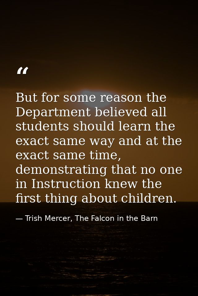 But for some reason the Department believed all students should learn the exact same way and at the exact same time, dem — Trish Mercer, The Falcon in the Barn