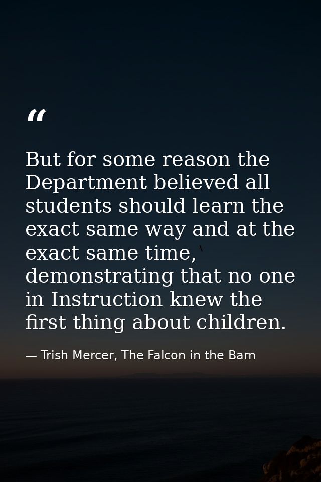 But for some reason the Department believed all students should learn the exact same way and at the exact same time, dem — Trish Mercer, The Falcon in the Barn