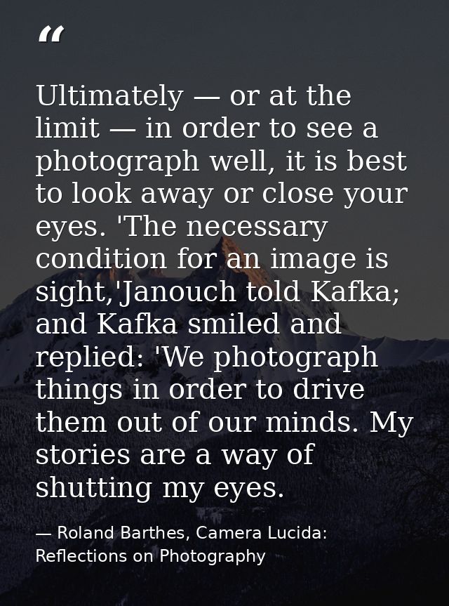 Ultimately — or at the limit — in order to see a photograph well, it is best to look away or close your eyes. 'The neces — Roland Barthes, Camera Lucida: Reflections on Photography