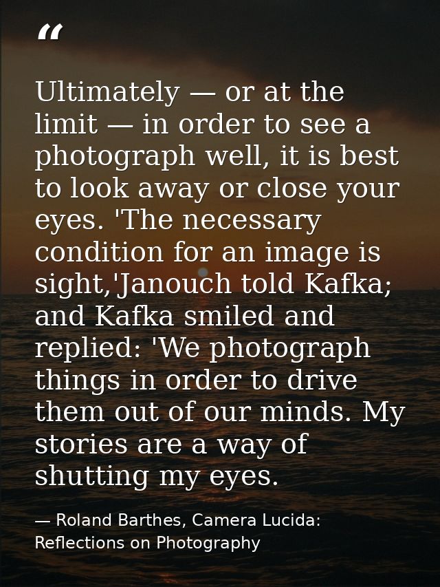 Ultimately — or at the limit — in order to see a photograph well, it is best to look away or close your eyes. 'The neces — Roland Barthes, Camera Lucida: Reflections on Photography